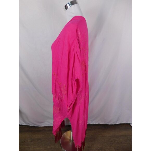 Kimono Cardigan Womens One Size Fuchsia Pink Embroidered Fringe Boho Duster - Picture 5 of 12
